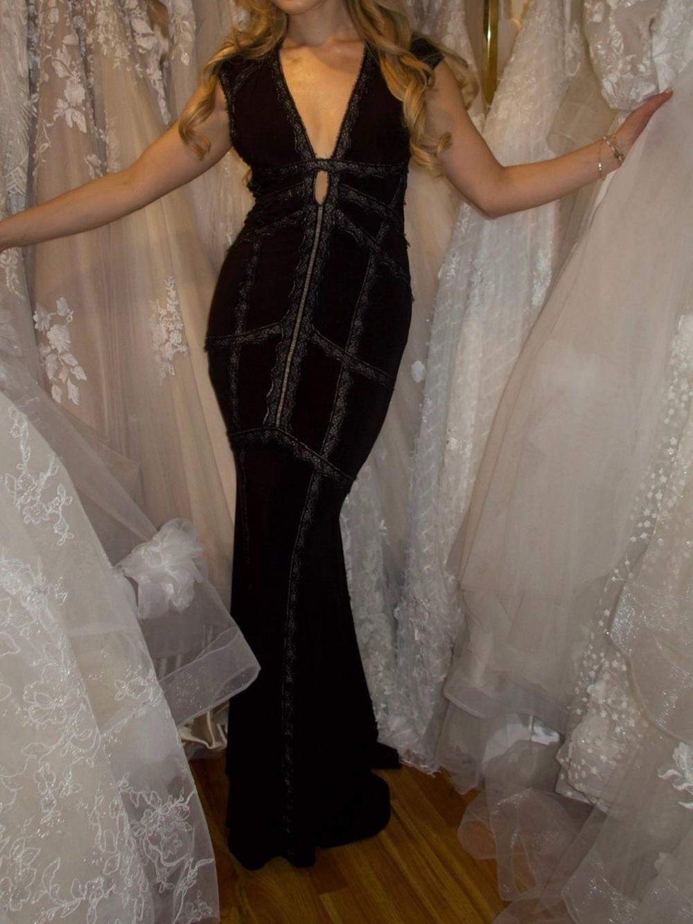 Jovani Black Lace-Panel Deep V Evening Gown